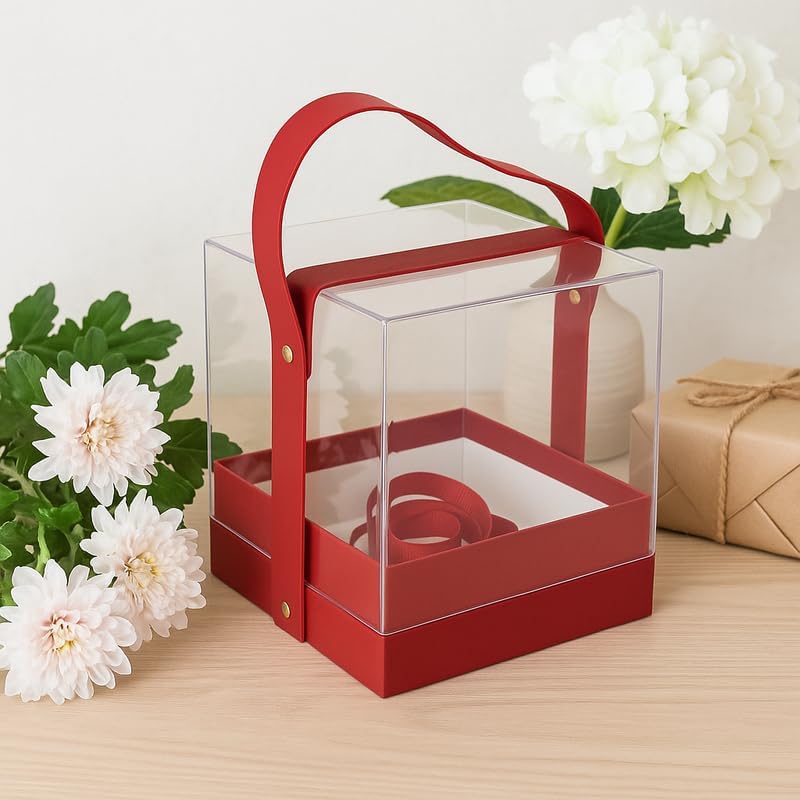 Transparent Acrylic Gift Square Box 14x14x14cm Red with Handle for Storage and Display