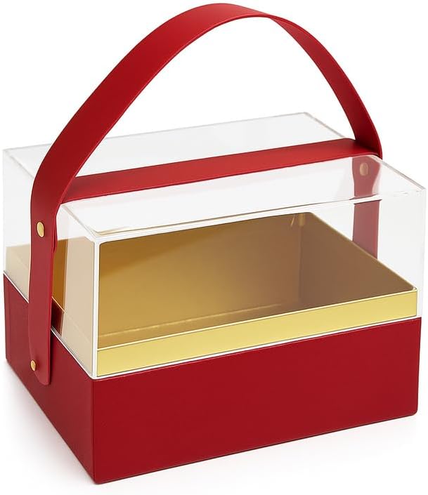 Transparent Acrylic Gift Rectangular Box with Handle, Red, 18x13.5x12.5cm for Storage and Display