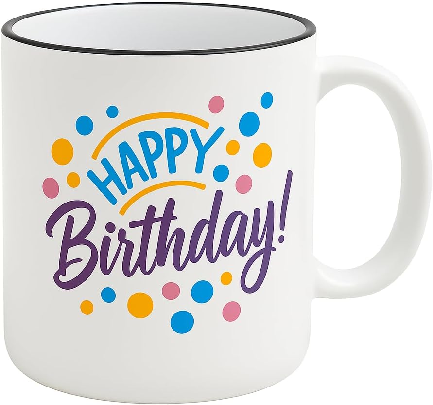 Ceramic Mug with Black Border and Cap Design - Happy Birthday Print