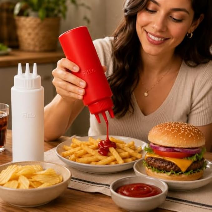 240 Pieces 2 Piece Squeeze Bottle Sets (16 oz Red and White Condiment Bottles with 3-Nozzle Top – Food-Grade BPA-Free Plastic Sauce Dispenser Bottles for Ketchup – Mustard – Sauces and Kitchen Use)
