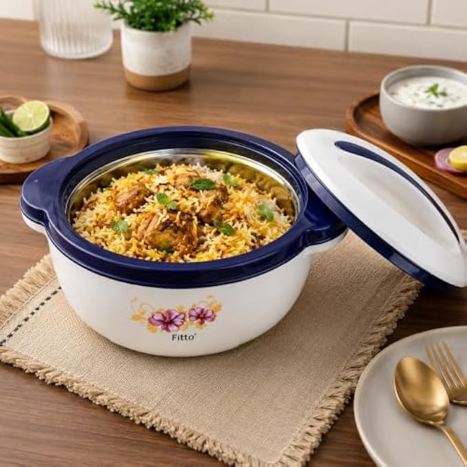 72 Pieces Stainless Steel Insulated Casseroles (2500ml – Hot Pot Food Warmer with Stainless Steel Inner Bowl – Secure Lid and Easy-Grip Handles – White and Navy Blue)