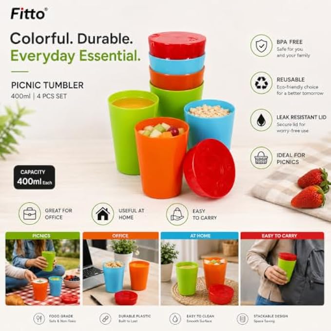 120 Pieces Picnic Tumbler Sets (4 Piece 400 ml Plastic Drinking Cups – BPA-Free Reusable Stackable Tumblers for Home Office Travel and Picnics – Multicolor)
