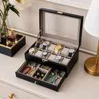 48 Pieces Watch and Jewelry Organizer Boxes with Glass Lid (12 Watch Compartments and Pull-Out Drawer for Rings – Bracelets and Accessories – Black)