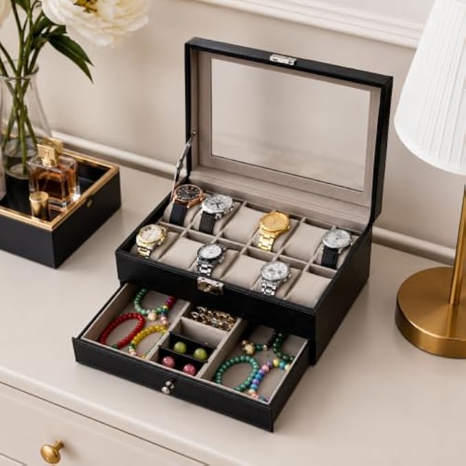 48 Pieces Watch and Jewelry Organizer Boxes with Glass Lid (12 Watch Compartments and Pull-Out Drawer for Rings – Bracelets and Accessories – Black)