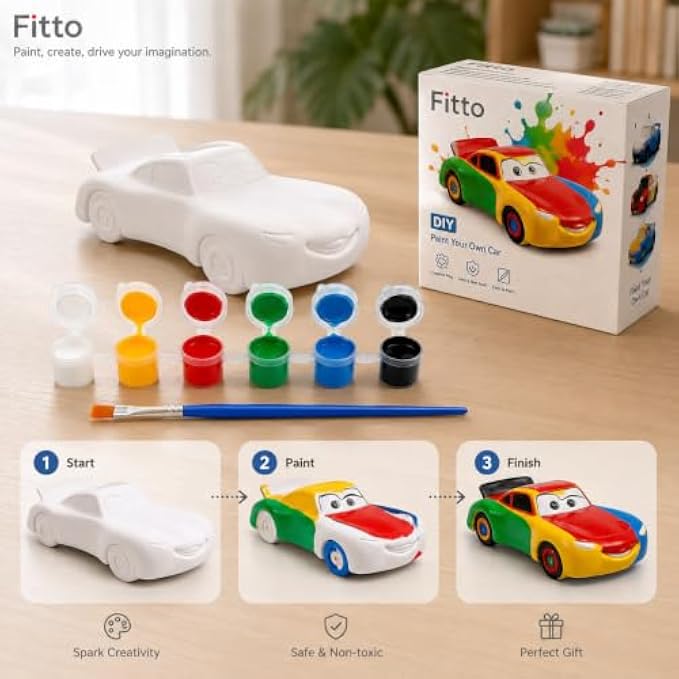 96 Pieces DIY Creative Car Painting Kits with White Paintable Car Model (6 Paint Pots and Brush – Assorted Colors)