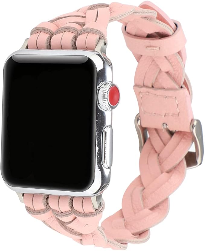 Fitto Apple watch band for 38mm 40mm, Top grain braided Leather watchband for Apple watch series iWatch Strap SE Series 7 6 5 4 3 2 1 women Pink