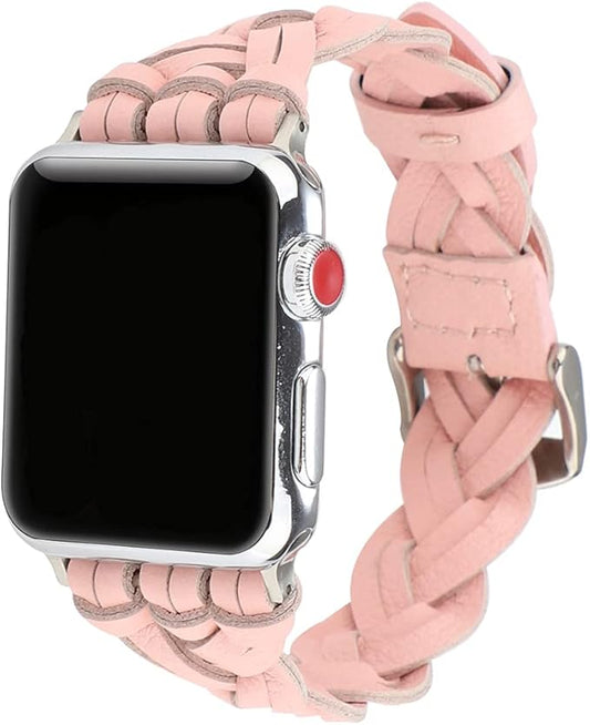 Fitto Apple watch band for 38mm 40mm, Top grain braided Leather watchband for Apple watch series iWatch Strap SE Series 7 6 5 4 3 2 1 women Pink