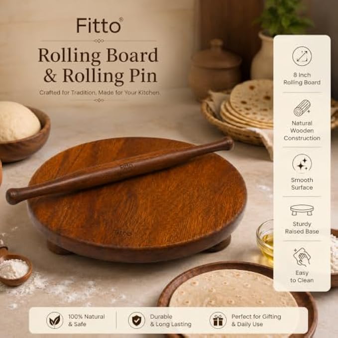 96 Pieces 8 inch Wooden Rolling Board and Rolling Pin Sets (Round Wood Chakla Belan for Roti – Chapati – Pizza – Pastry and Dough Rolling – Brown)