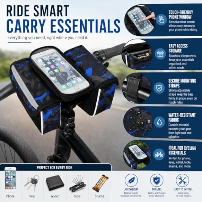 96 Pieces Bicycle Handlebar Phone Bags with Touch-Friendly Window (Water-Resistant Cycling Storage Pouch with Side Compartments and Adjustable Straps – Blue and Black)