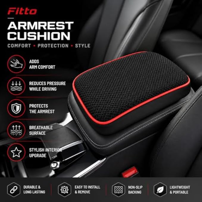 96 Pieces Car Armrest Cushions (Breathable Mesh Center Console Pad with Non-Slip Backing and Red Trim for Driving Comfort and Armrest Protection)