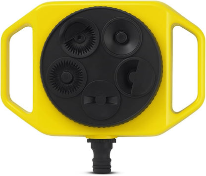 Yellow Circular Hose Reel with Multiple Outlets and Carrying Handle