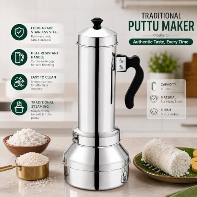 72 Pieces Stainless Steel Traditional Puttu Makers (4 Puttu Capacity Steamer with Heat-Resistant Handle and Mirror Polish Finish – Silver and Black)
