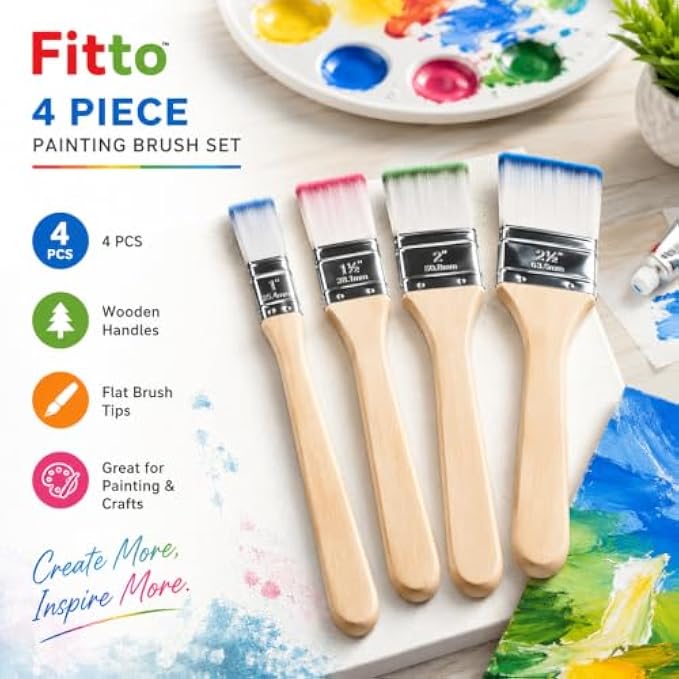 144 Pieces Flat Painting Brush Sets (4-Piece Assorted Sizes with Wooden Handles for Acrylic Paint – Watercolor – Crafts and DIY Projects)
