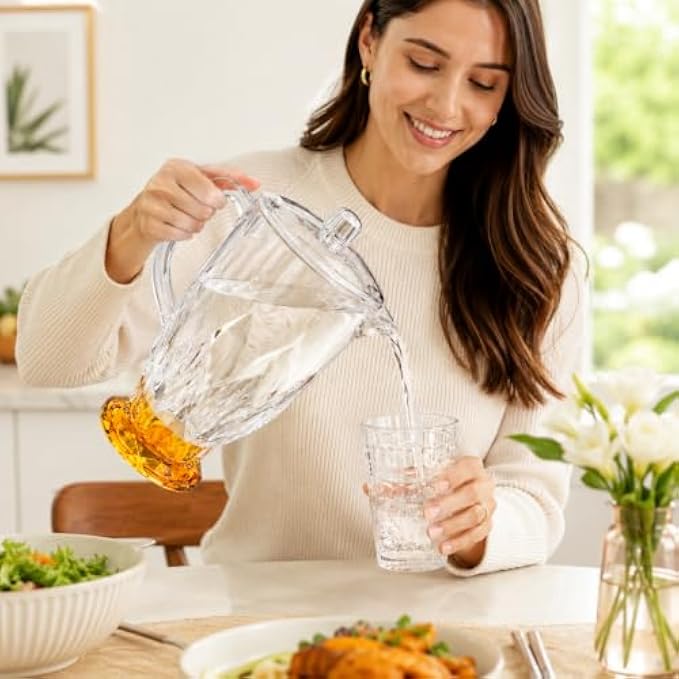 72 Pieces Acrylic Water Jugs with Lid (Lightweight Crystal Look Pitcher with Easy Pour Spout and Comfortable Handle for Water Juice Cold Drinks and Everyday Serving – Clear Amber)