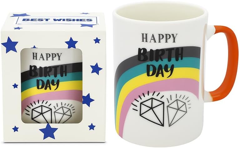 White Ceramic Mug with Happy Birthday Print and Colorful Diamond Design