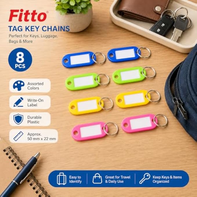 144 Pieces 8 Piece Tag Key Chain Sets (Assorted Colors Plastic Key Labels with Write-On Inserts and Metal Split Rings for Keys – Bags – Luggage and Storage)