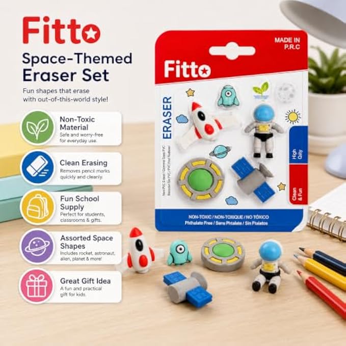 144 Pieces Fun Space Eraser Sets (5-Piece Assorted Rocket – Astronaut – Alien – UFO and Satellite Pencil Erasers)