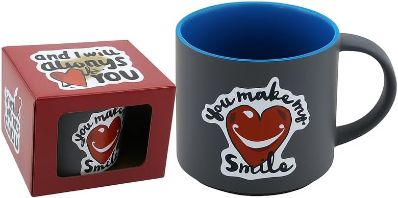 Matte Gray Ceramic Mug with Blue Interior and Heart Design - You Make My Love Smile