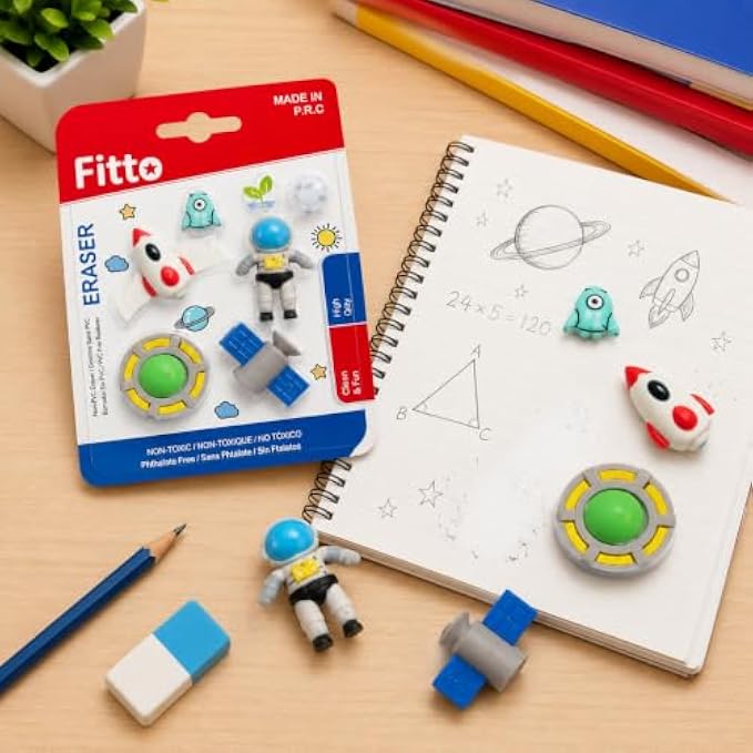 144 Pieces Fun Space Eraser Sets (5-Piece Assorted Rocket – Astronaut – Alien – UFO and Satellite Pencil Erasers)