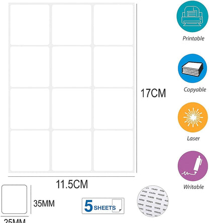 Adhesive Labels 5 Sheets Rectangle 11.5x17cm, 60 Labels 35x40mm for Organizing and Labeling
