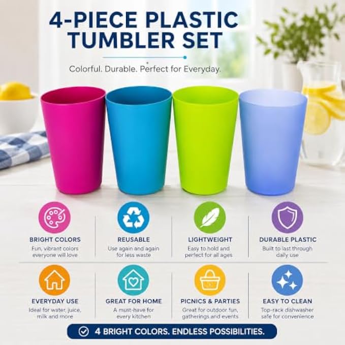 240 Pieces 4 Piece Plastic Tumbler Sets (Reusable Lightweight Drinking Cups – Durable Everyday Cups for Water Juice Milk Picnics Parties Home – Assorted Colors)