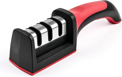 Knife and Scissor Sharpeners, 3 Stage, 3-in-1, Non-Slip Grip, For Knives, Red