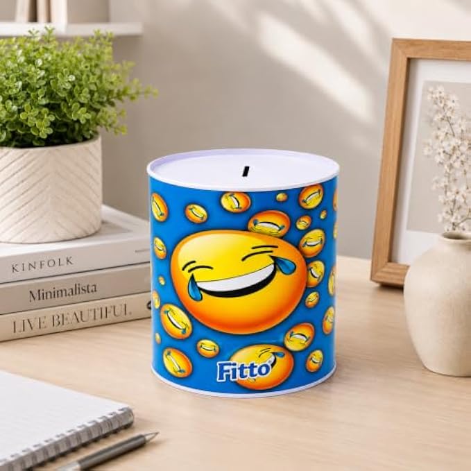 120 Pieces Blue Metal Coin Boxes with Top Coin Slot (Fun Emoji Design – Round Money Saving Tin – 13 x 15 cm)