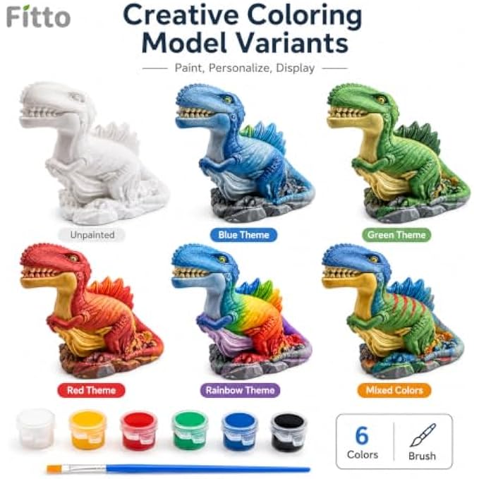 96 Pieces DIY Dinosaur Painting Kits with White Coloring Model (6 Paint Pots and Brush – 17 x 16.5 cm – Assorted Colors)