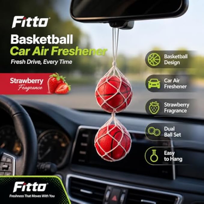 96 Pieces Basketball Car Air Fresheners (2-Piece Red Hanging Fragrance Balls with White Net Cord for Car Interior – SUV – Locker and Small Spaces)