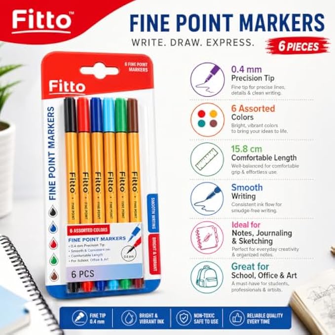 120 Pieces Fine Point Markers (6-Piece Assorted Colors Pens with 0.4 mm Precision Tips for Writing – Drawing – Journaling and Sketching)