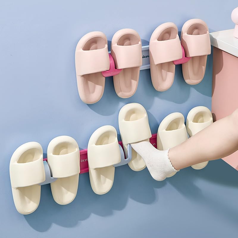 Wall-Mounted Slipper Rack – White & Pink – Large Size – 3 Hooks Design - Pack of 2– Holds 6 Pairs