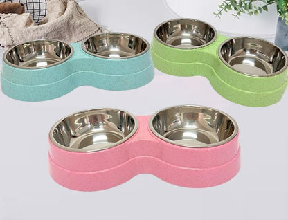 Cat & Dog Double Feeding Bowl – Dual Stainless Steel Bowls – Assorted Colors