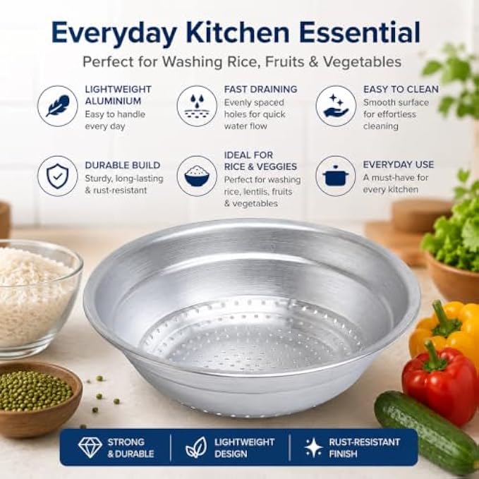 96 Pieces Aluminium Rice Strainers (Size 14 – 35.5 cm Perforated Colander for Rinsing Rice – Grains – Fruits and Vegetables – Silver)