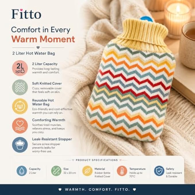 96 Pieces 2L Hot Water Bags with Yellow Zigzag Knitted Cover (Reusable Warm Water Bottle with Leak-Resistant Stopper for Bed and Sofa)