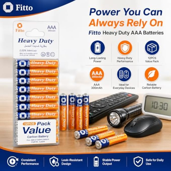 120 Pieces AAA Heavy Duty Batteries (12-Pack 300 mAh Carbon Zinc Batteries for Remote Controls – Clocks – Flashlights and Wireless Mice)