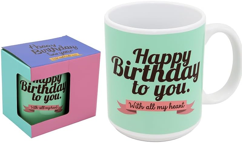 Green and White Ceramic Mug with Happy Birthday Print in Black, 350ml Coffee Cup