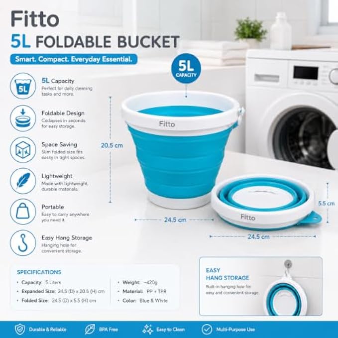 96 Pieces 5L Foldable Buckets (Collapsible Space Saving Bucket with Handle for Bathroom – Kitchen – Laundry – Travel and Cleaning – Blue and White)