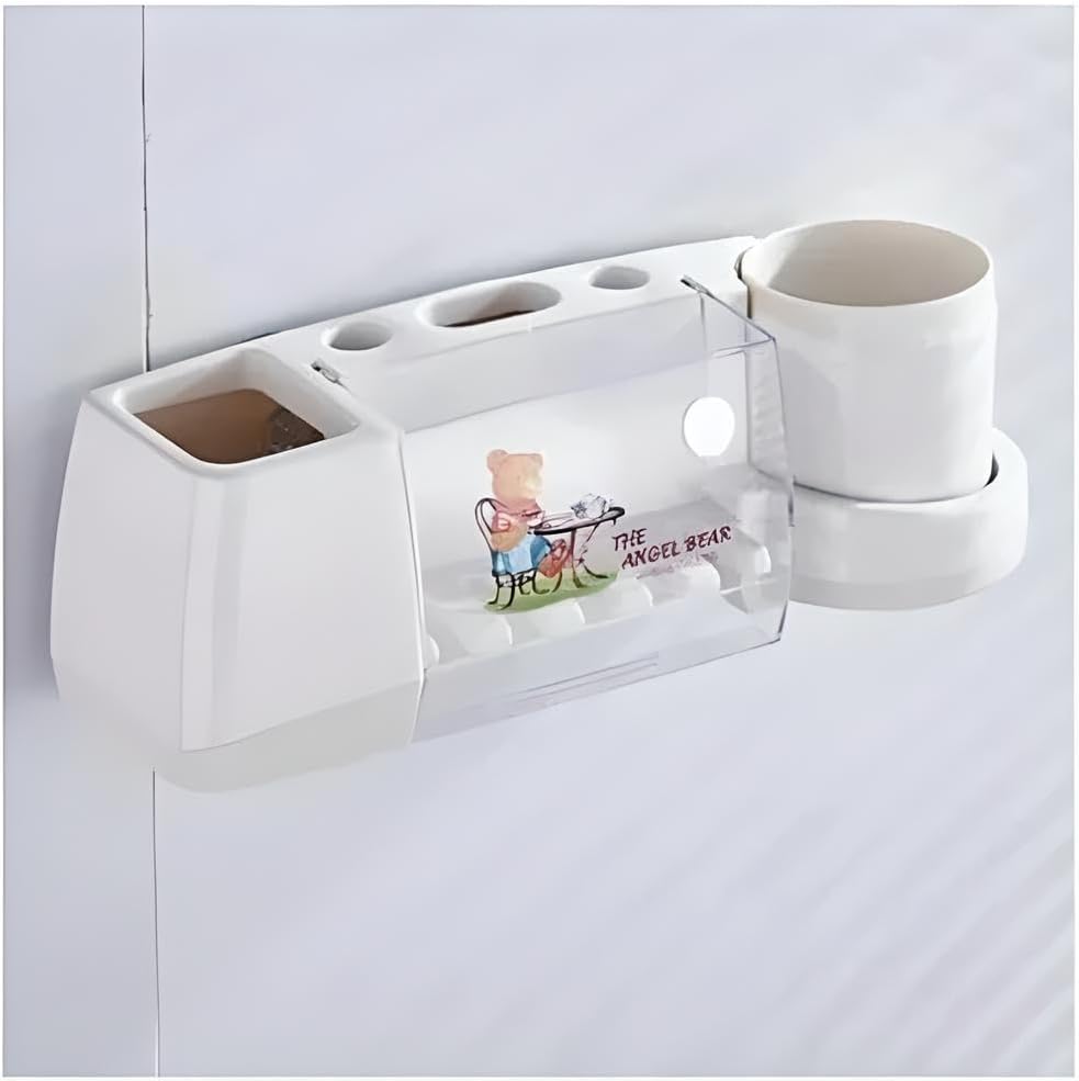 Toothbrush Holder, 5 Slots 2 Cups, Space-Saving Wall-Mounted Toothpaste Holder with Dust Protection Cover, Drain Holes, Suction Hook, Multifunctional Bathroom Organizer