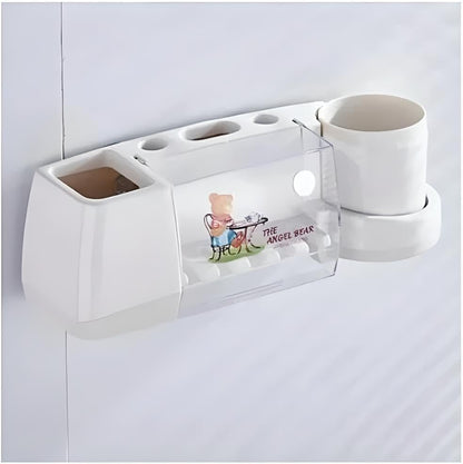 Toothbrush Holder, 5 Slots 2 Cups, Space-Saving Wall-Mounted Toothpaste Holder with Dust Protection Cover, Drain Holes, Suction Hook, Multifunctional Bathroom Organizer
