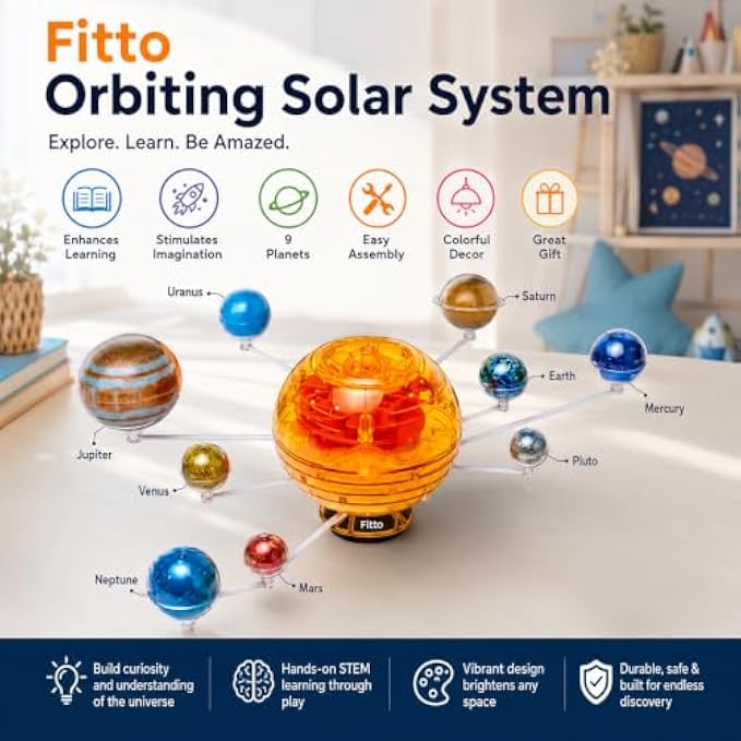 72 Pieces Orbiting Solar System Models (9 Planet Tabletop Astronomy Display with Central Sun – Educational STEM Learning Decor)