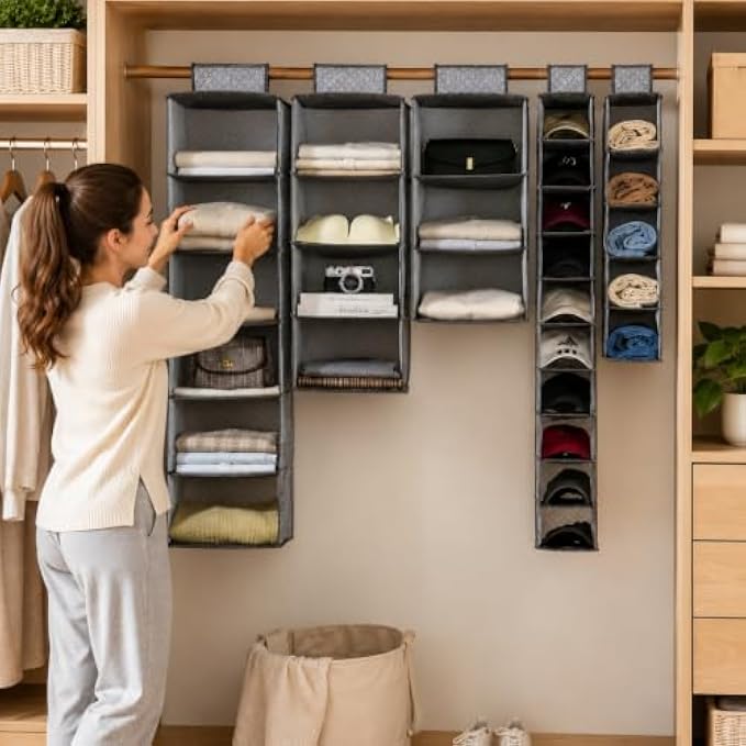 96 Pieces Hanging Closet Organizers (Multi Compartment Wardrobe Storage Shelf for Clothes – Bags – Hats and Accessories – Grey)