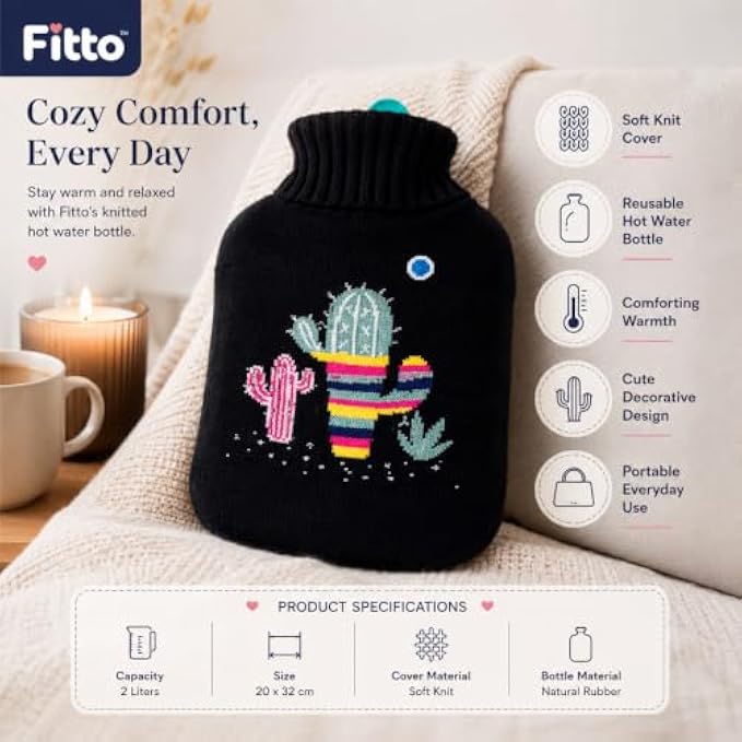 96 Pieces 2L Hot Water Bags with Black Knitted Cover (Reusable Warm Water Bottle with Leak-Resistant Stopper for Bed – Sofa and Daily Comfort)