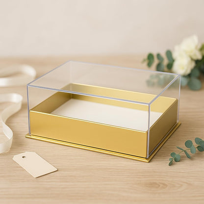 Transparent Acrylic Rectangular Box 18x13.5x7.5cm, Golden Color, Storage Organizer for Home and Office