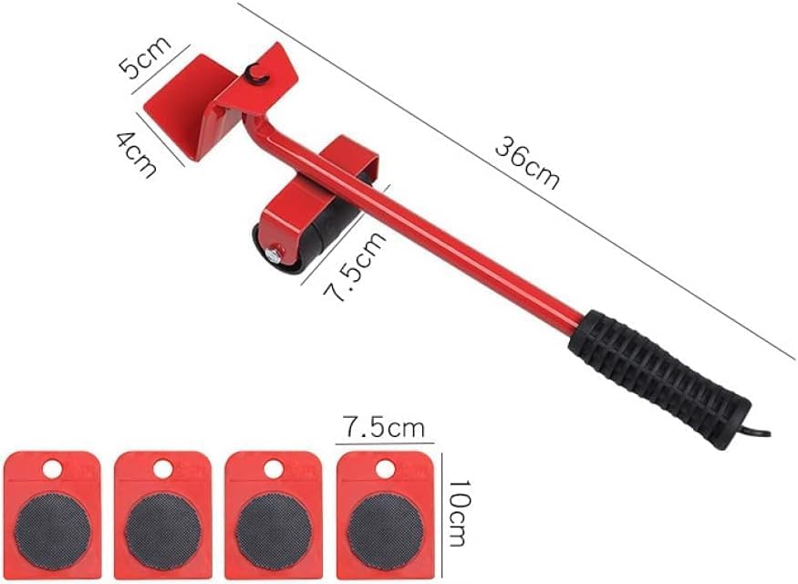 Furniture Gear Shift Lever Elevator - 5-Piece Heavy-Duty Red Moving Tool Set, Labor-Saving Slider for Easy Furniture and Appliance Transport