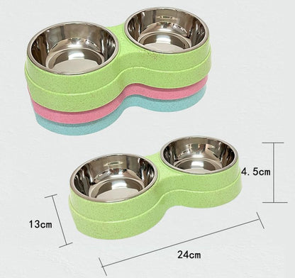 Cat & Dog Double Feeding Bowl – Dual Stainless Steel Bowls – Assorted Colors