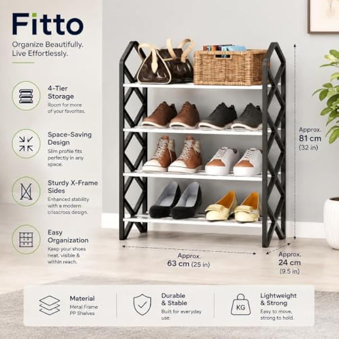 96 Pieces 4 Layer Shoe Racks (Space Saving Freestanding Organizer Shelf for Shoes – Slippers and Daily Storage – Black and White)