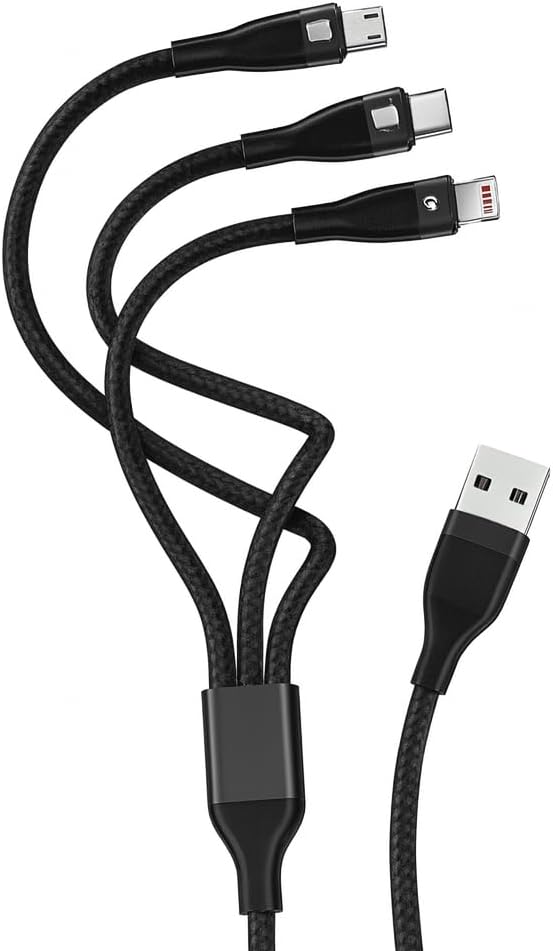 120 Pieces 3 in 1 Data Cables (USB to Micro USB – Type C – Lightning – 3.0 Amp – 1.5m – Black)
