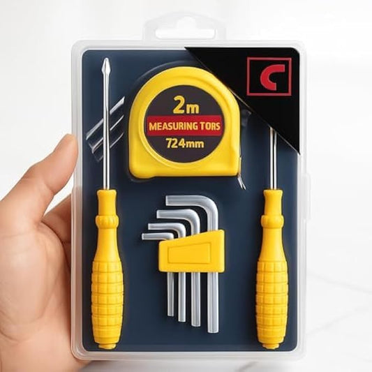 Multipurpose Tool Kit – Measuring Tape, Utility Cutter, L-Shape Hex Key (Allen) Set & Screwdriver Set, Compact Portable Hand Tools