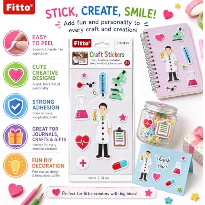 144 Pieces Medical Theme Craft Stickers (32-Piece Self-Adhesive Doctor and Hospital Sticker Sheet for Journals – Cards and DIY Projects)