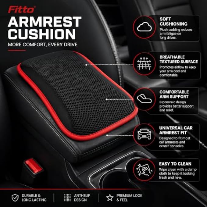 96 Pieces Car Armrest Cushions (Breathable Mesh Center Console Pad with Non-Slip Backing and Red Trim for Driving Comfort and Armrest Protection)